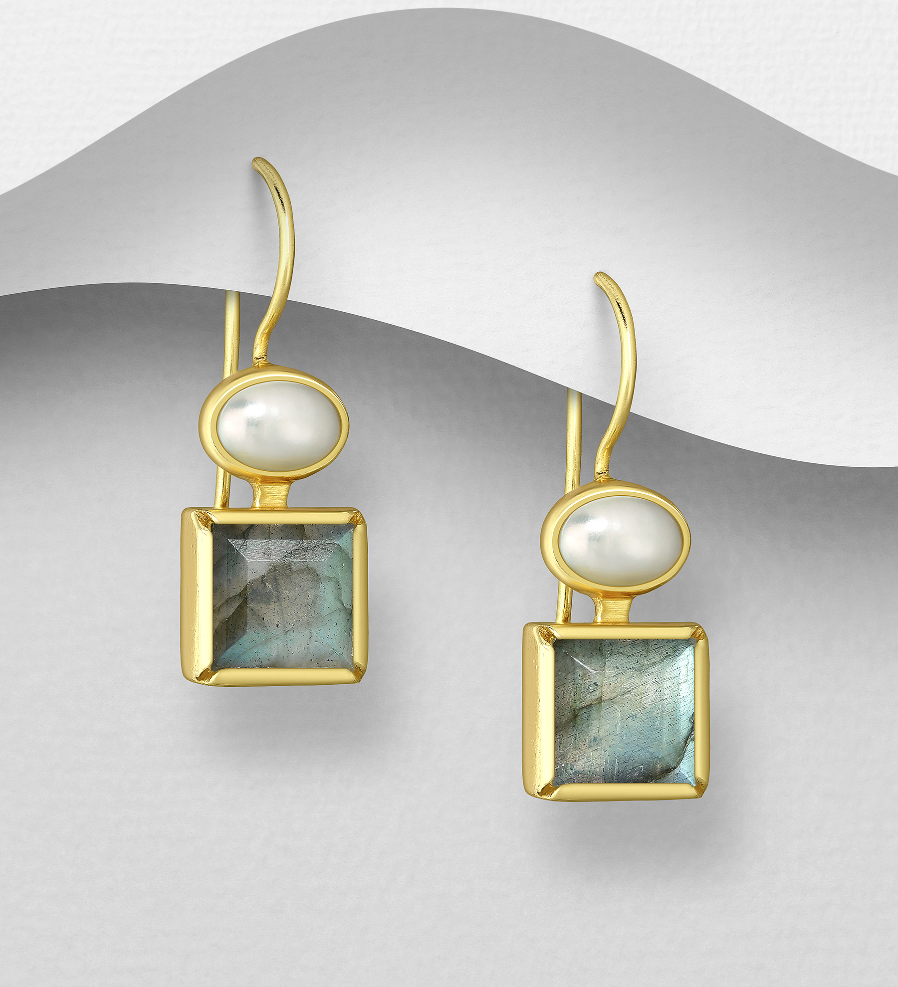 Desire by 7K - Wholesale 925 Sterling Silver Square Hook Earrings, Decorated with Labradorite and Freshwater Pearl, Plated with 0.3 Micron 18K Yellow Gold - SKU #2070-78A