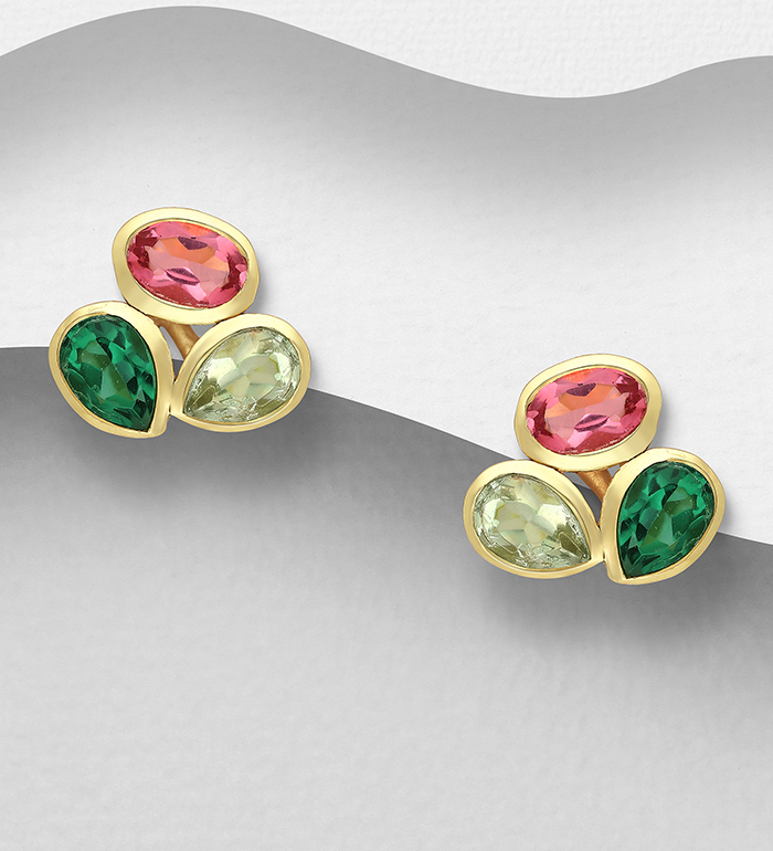 Desire by 7K - Wholesale 925 Sterling Silver Push-Back Earrings, Decorated with Lab-Created Green Tourmaline, Lab-Created Pink Tourmaline and Green Amethyst, Plated with 0.3 Micron 18K Yellow Gold - SKU #2070-79A