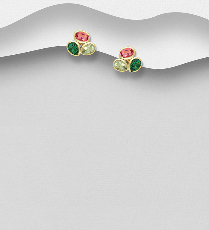 Desire by 7K - Wholesale 925 Sterling Silver Push-Back Earrings, Decorated with Lab-Created Green Tourmaline, Lab-Created Pink Tourmaline and Green Amethyst, Plated with 0.3 Micron 18K Yellow Gold - SKU #2070-79A