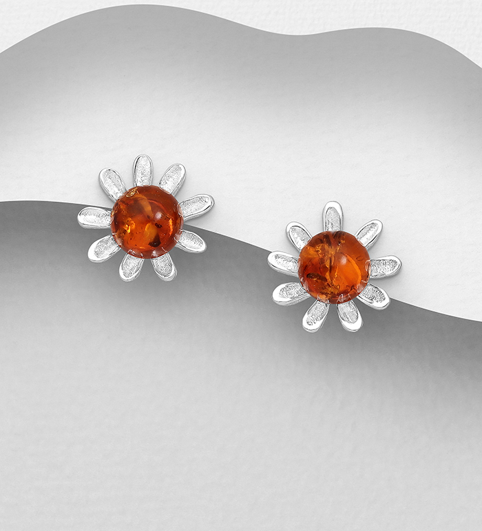 Wholesale 925 Sterling Silver Flower Push-Back Earrings, Decorated with Baltic Amber - SKU #883-8302