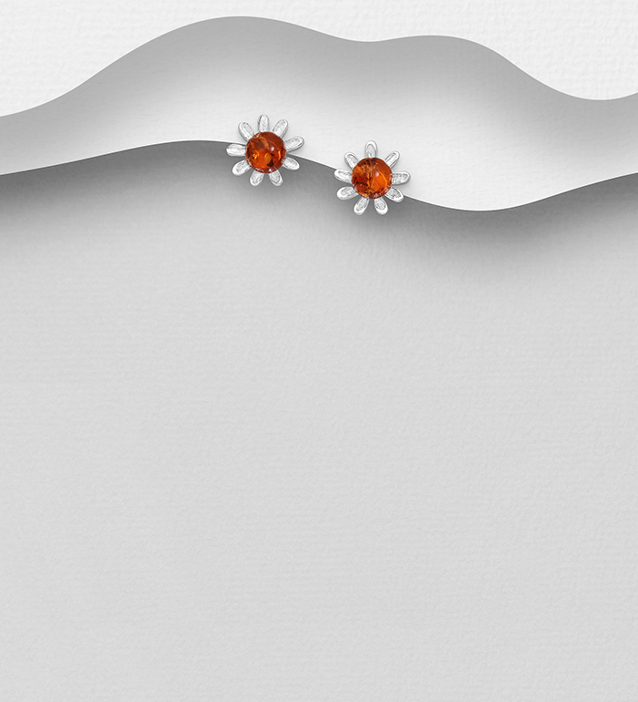 Wholesale 925 Sterling Silver Flower Push-Back Earrings, Decorated with Baltic Amber - SKU #883-8302