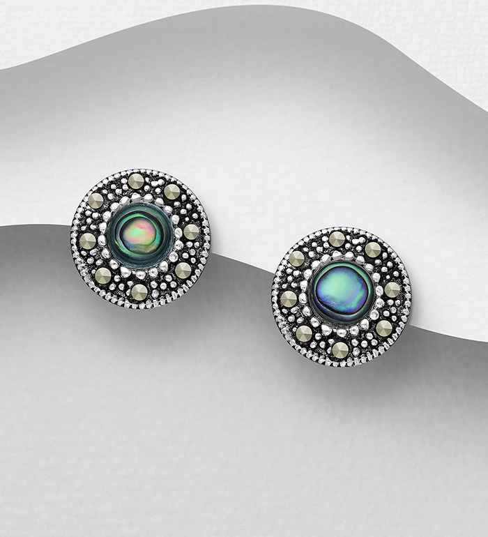 Wholesale 925 Sterling Silver Oxidized Circle Push-Back Earrings, Decorated with Marcasite and Shell - SKU #565-7044