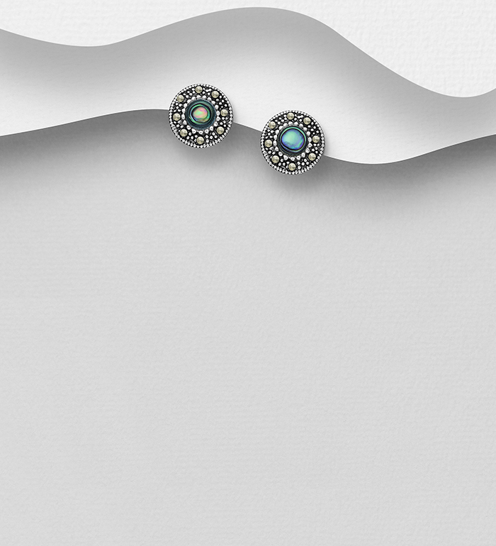Wholesale 925 Sterling Silver Oxidized Circle Push-Back Earrings, Decorated with Marcasite and Shell - SKU #565-7044