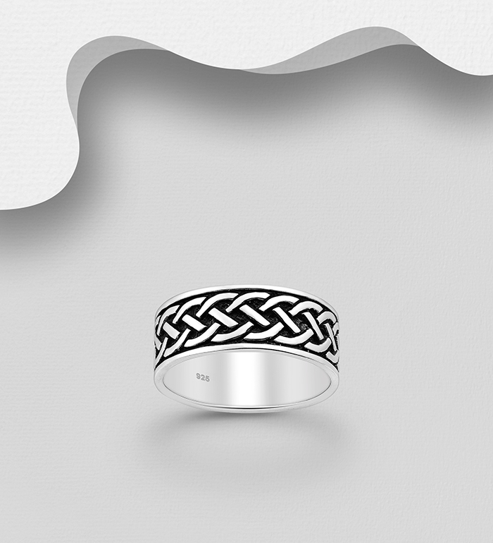 Wholesale 925 Sterling Silver Oxidized Celtic Band Ring, 8 mm Wide. - SKU #767-1591