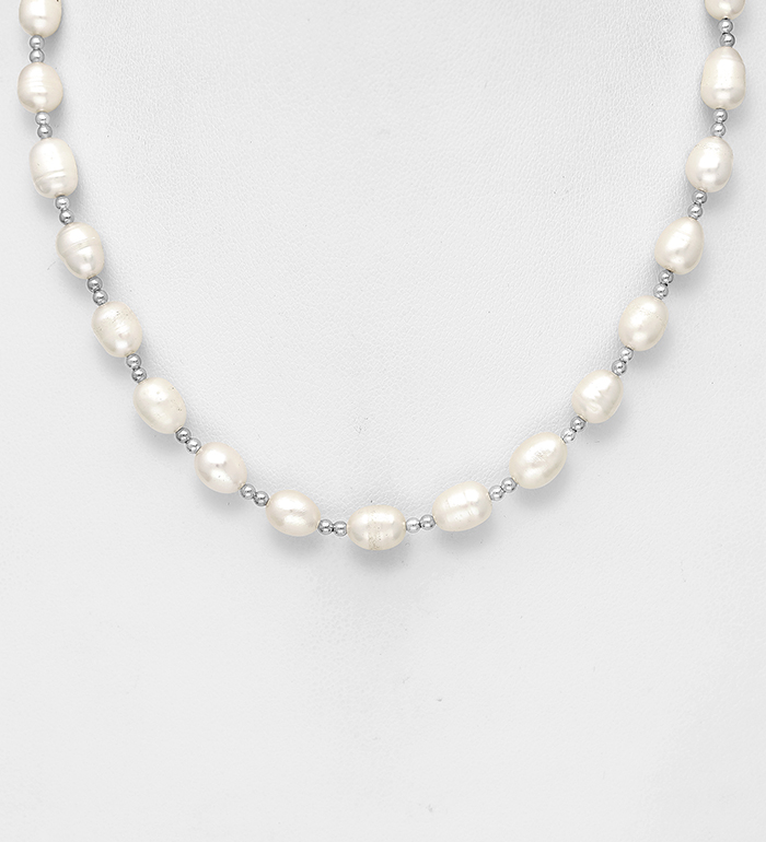 Wholesale 925 Sterling Silver Bead Necklace, Beaded with Freshwater Pearls - SKU #382-5959