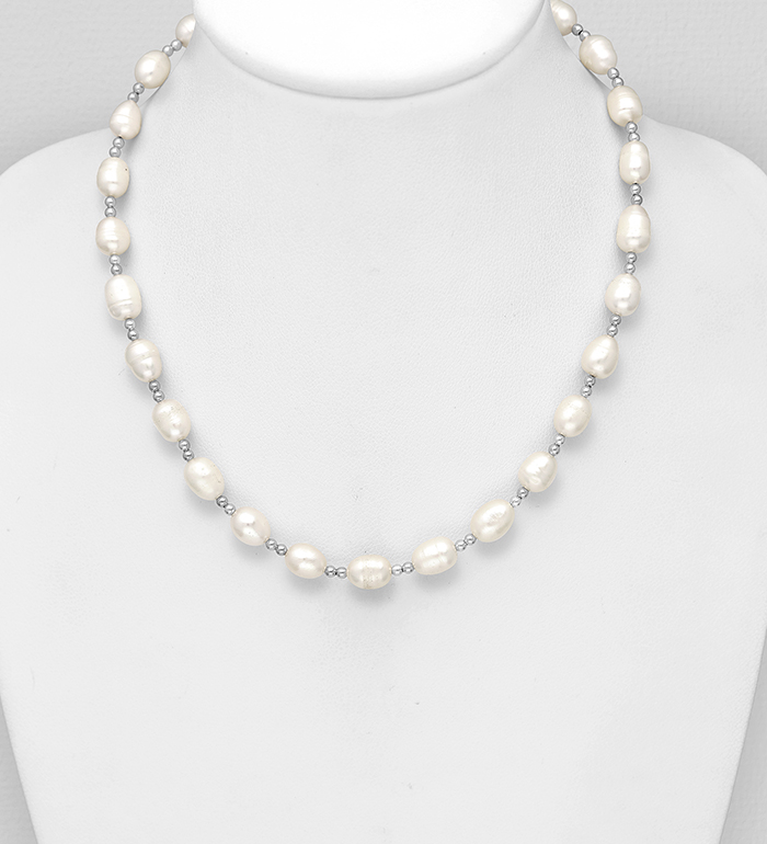 Wholesale 925 Sterling Silver Bead Necklace, Beaded with Freshwater Pearls - SKU #382-5959