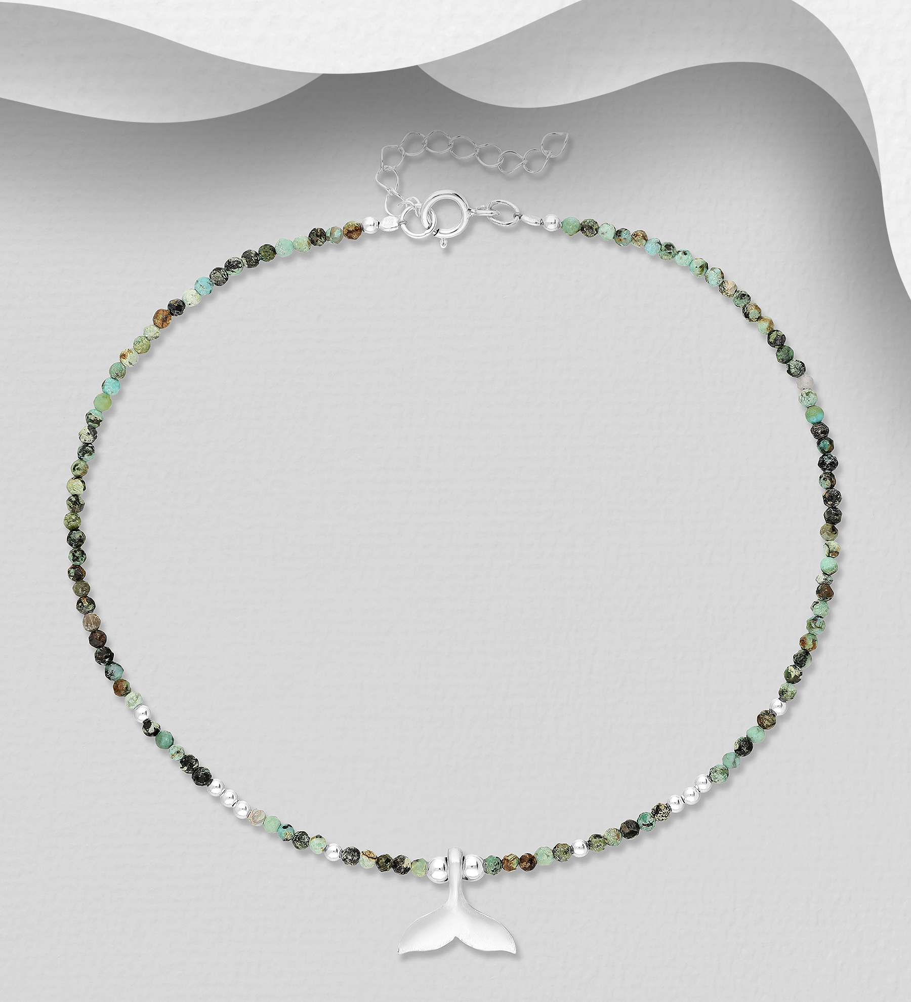 Wholesale 925 Sterling Silver Adjustable Whale Tail Anklet, Beaded with Various Gemstone Beads - SKU #1562-467