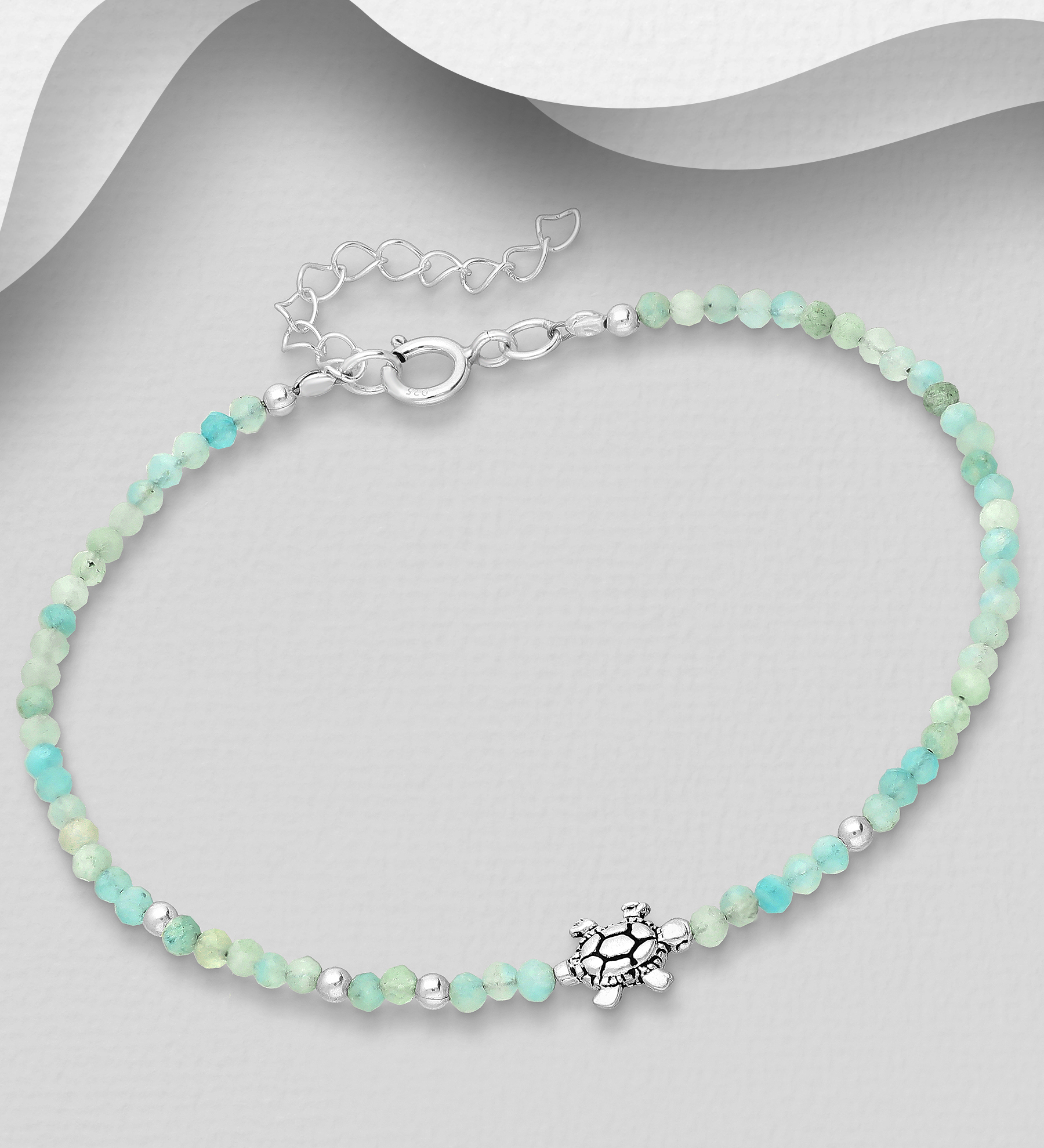 Wholesale 925 Sterling Silver Oxidized Turtle Bracelet, Beaded with Various Gemstone Beads - SKU #781-7238