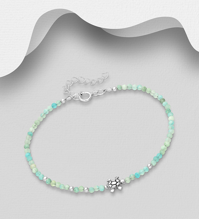 Wholesale 925 Sterling Silver Oxidized Turtle Bracelet, Beaded with Various Gemstone Beads - SKU #781-7238
