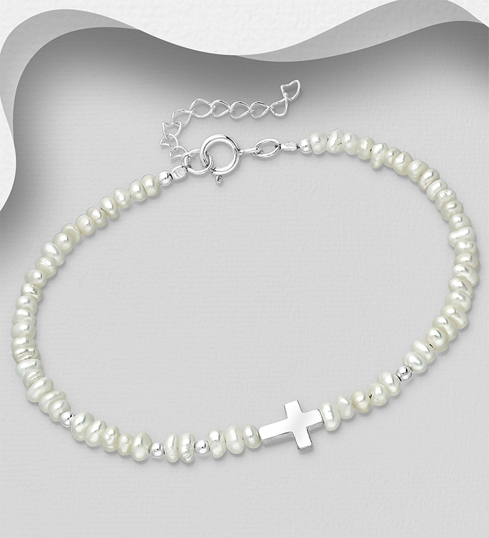 Wholesale 925 Sterling Silver Adjustable Cross Bracelet, Beaded with Freshwater Pearls - SKU #382-5968