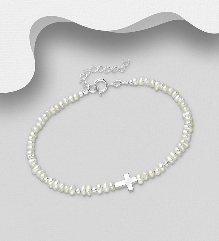 Wholesale 925 Sterling Silver Adjustable Cross Bracelet, Beaded with Freshwater Pearls - SKU #382-5968