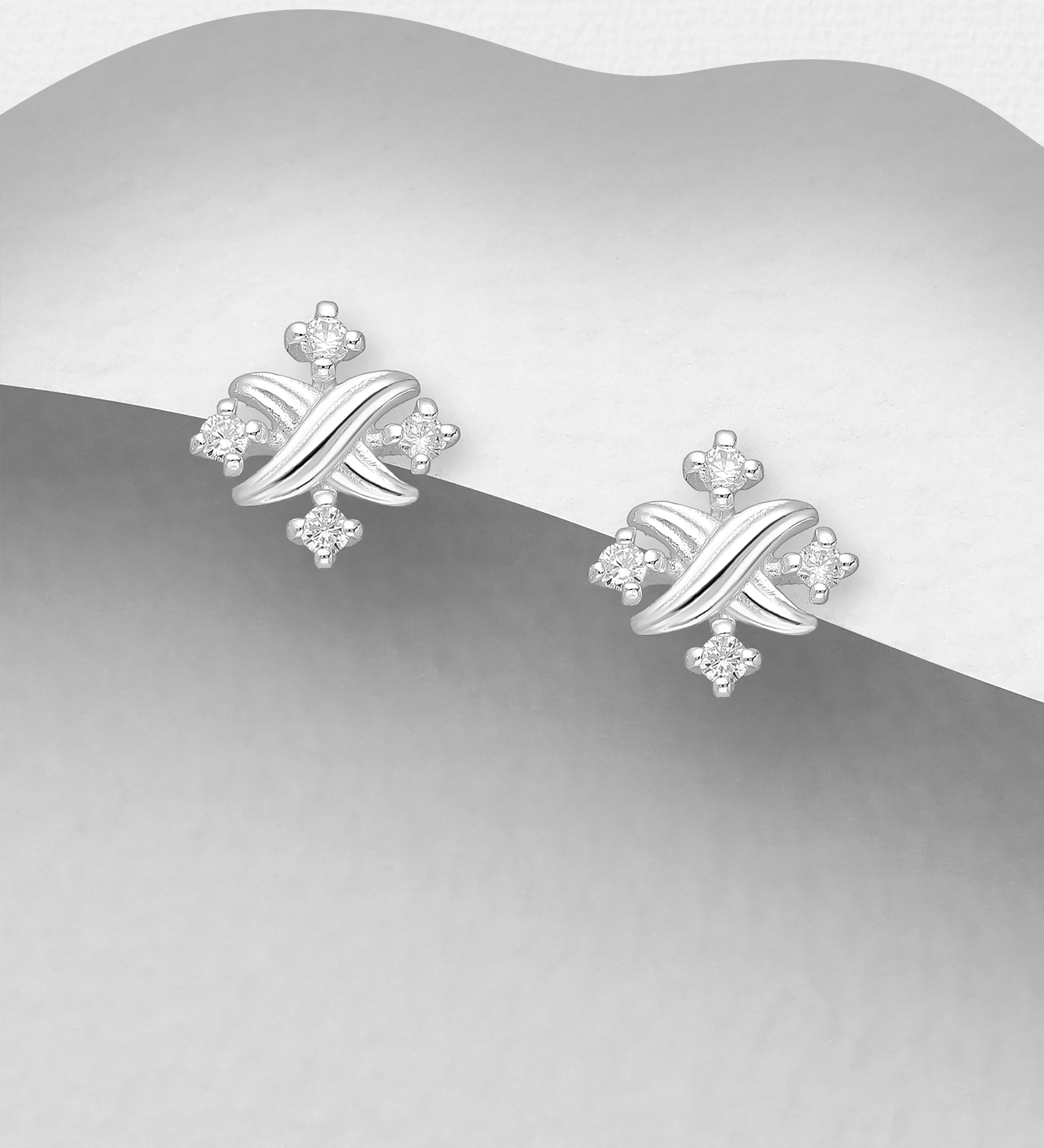 Wholesale 925 Sterling Silver Push-Back Earrings, Decorated with CZ Simulated Diamonds - SKU #1063-3950