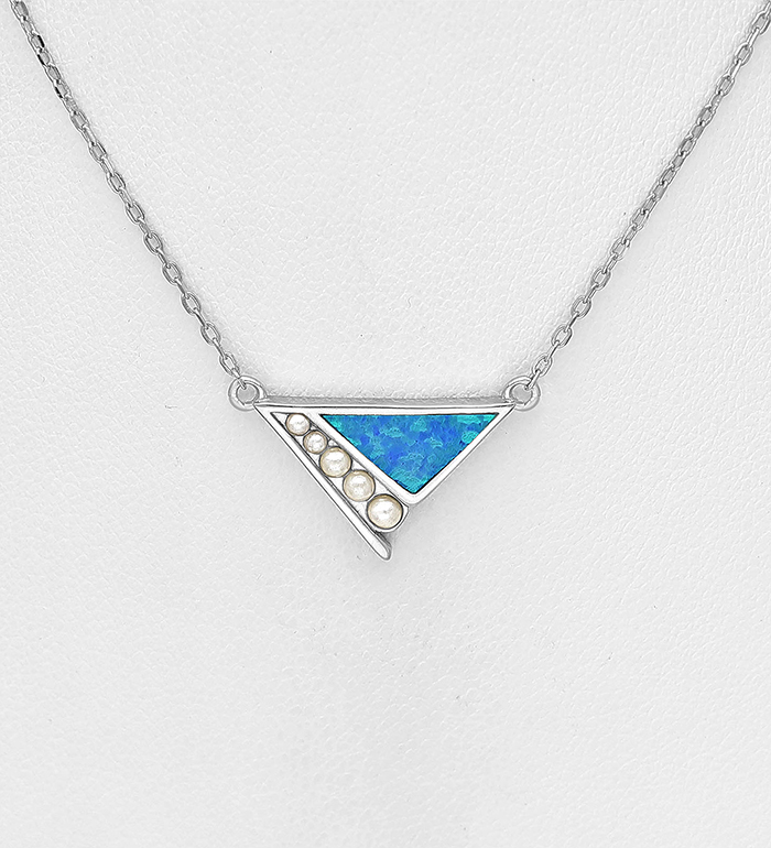 Wholesale 925 Sterling Silver Triangular Necklace, Decorated with Lab-Created Opal and Simulated Pearls - SKU #1479-1454
