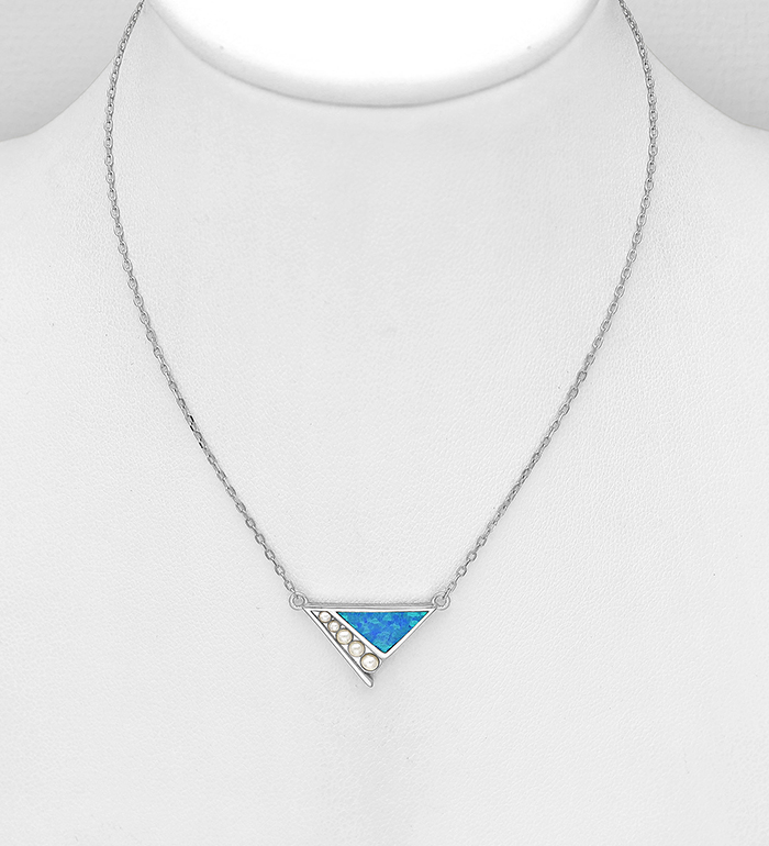 Wholesale 925 Sterling Silver Triangular Necklace, Decorated with Lab-Created Opal and Simulated Pearls - SKU #1479-1454