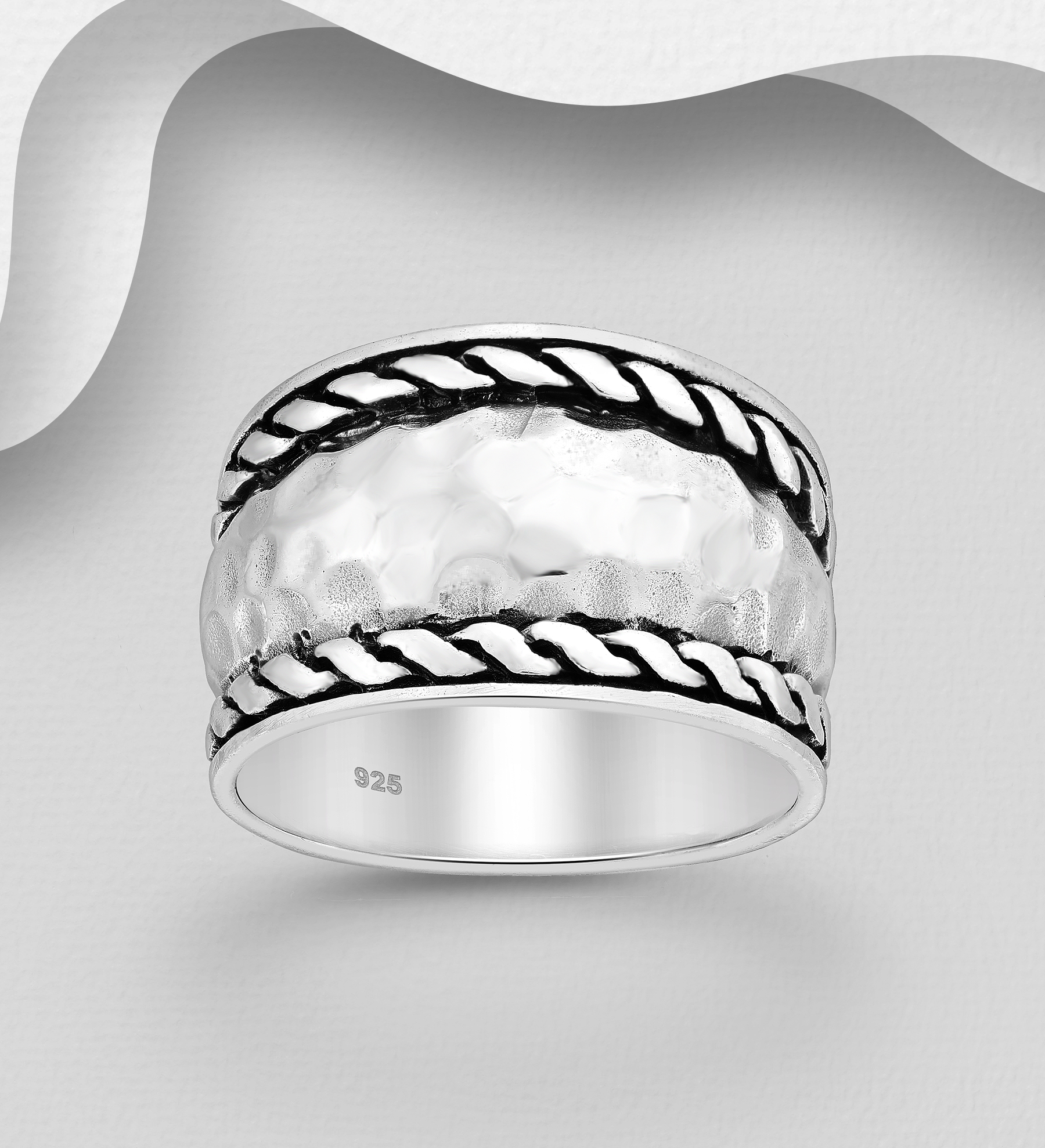 Wholesale 925 Sterling Silver Oxidized Hammered Ring, 13.5 mm - SKU #706-35374