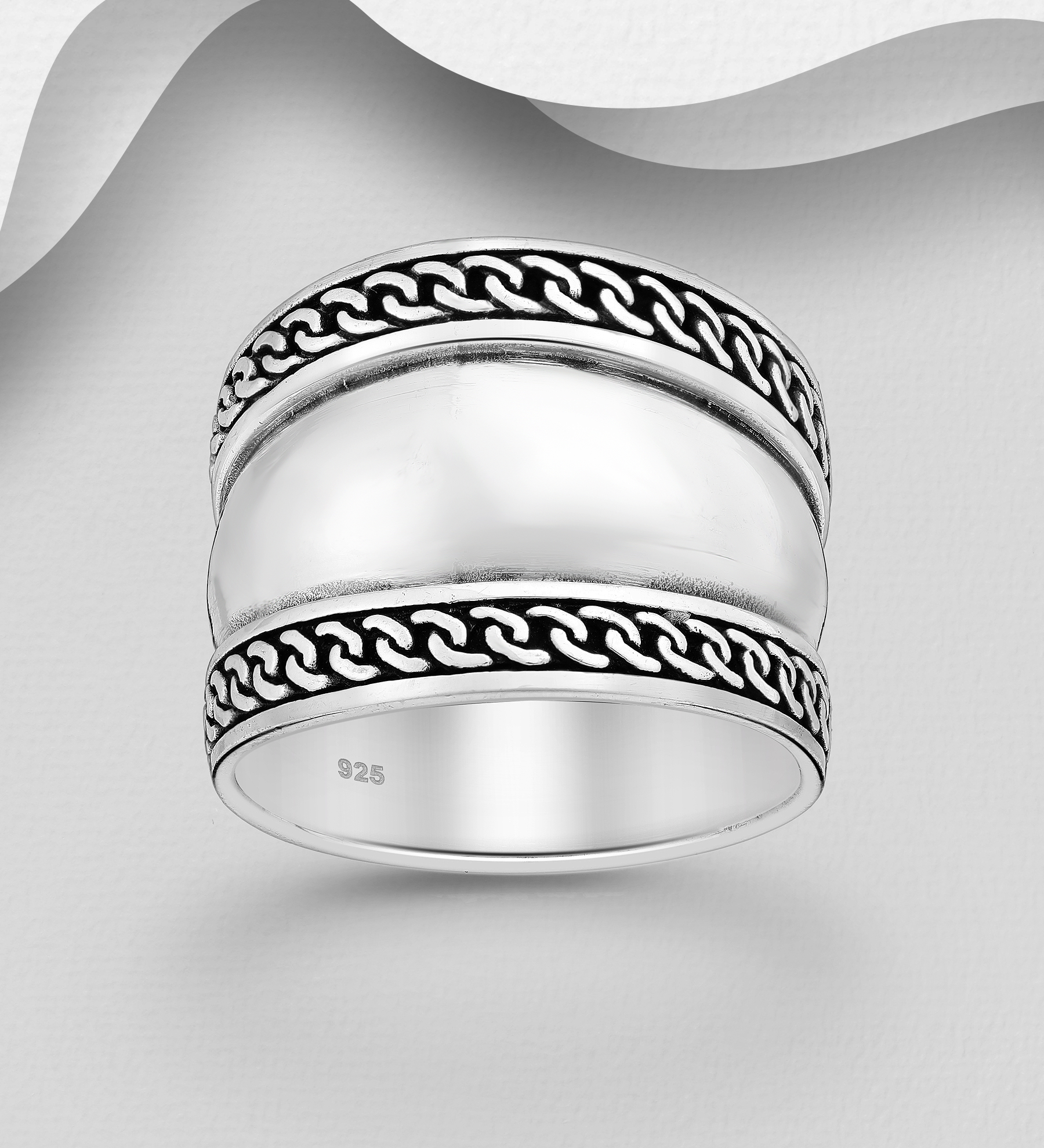 Wholesale 925 Sterling Silver Oxidized Links Pattern Ring, 16.5 mm Wide. - SKU #706-35376