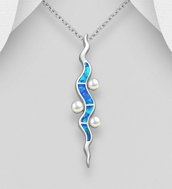Wholesale 925 Sterling Silver Vertical Wavy Pendant, Decorated with Freshwater Pearls and Lab-Created Opal - SKU #1479-1443