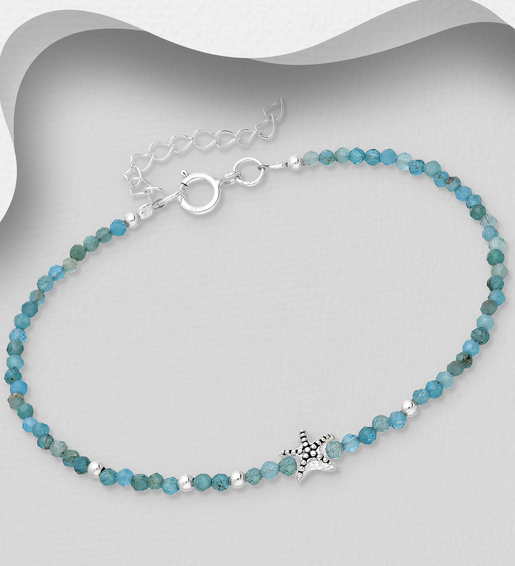Wholesale 925 Sterling Silver Oxidized Starfish Bracelet, Beaded with Various Gemstone Beads - SKU #781-7250