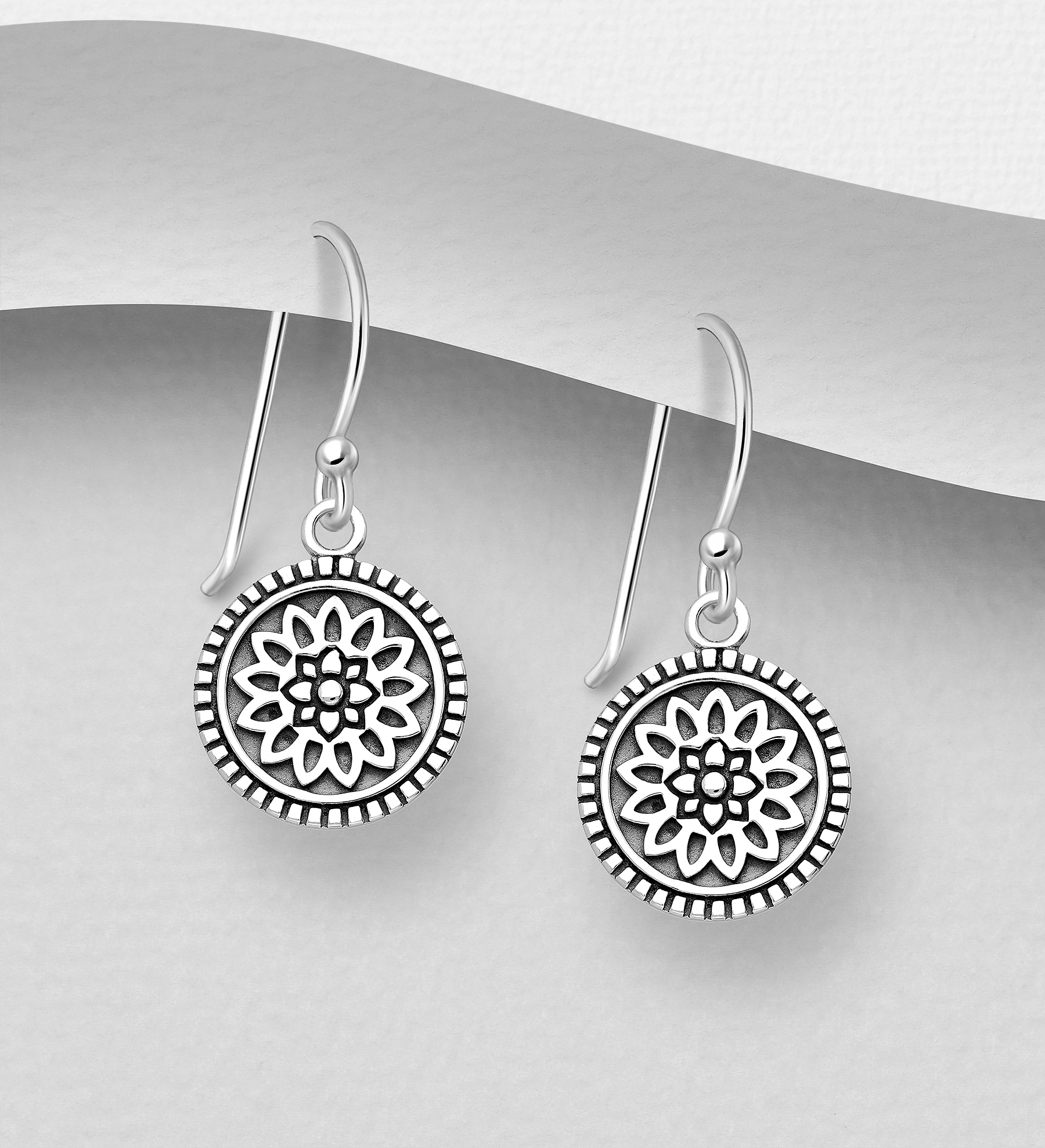 Wholesale 925 Sterling Silver Oxidized Circle Flower Hook Earrings - SKU #706-35409