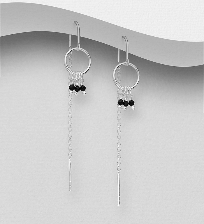 Wholesale 925 Sterling Silver Threader Earrings, Beaded with Black Agate - SKU #781-7253A