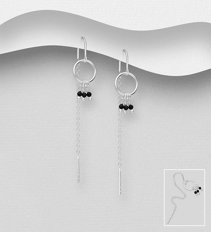 Wholesale 925 Sterling Silver Threader Earrings, Beaded with Black Agate - SKU #781-7253A