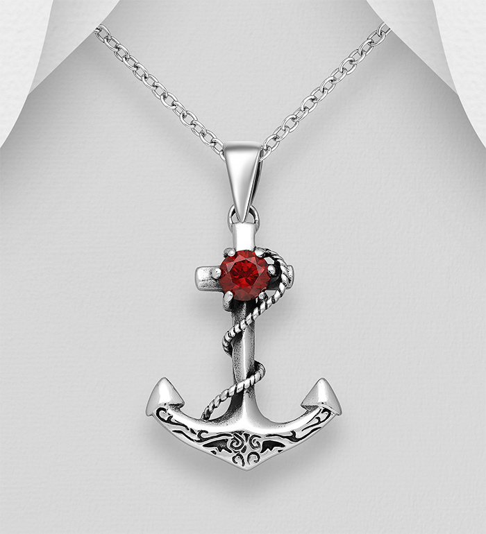 Wholesale 925 Sterling Silver Oxidized Anchor Pendant, Decorated with CZ Simulated Diamond - SKU #1563-1058