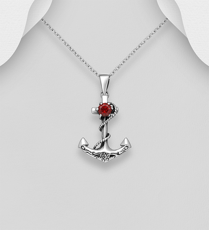 Wholesale 925 Sterling Silver Oxidized Anchor Pendant, Decorated with CZ Simulated Diamond - SKU #1563-1058