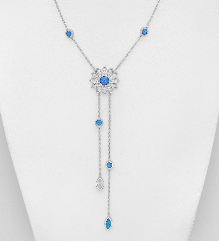 Wholesale 925 Sterling Silver Flower Y-Drop Necklace, Decorated with CZ Simulated Diamonds and Lab-Created Opal - SKU #1479-1464