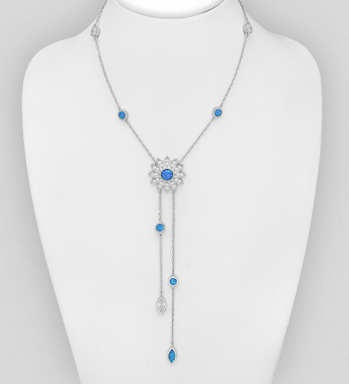 Wholesale 925 Sterling Silver Flower Y-Drop Necklace, Decorated with CZ Simulated Diamonds and Lab-Created Opal - SKU #1479-1464