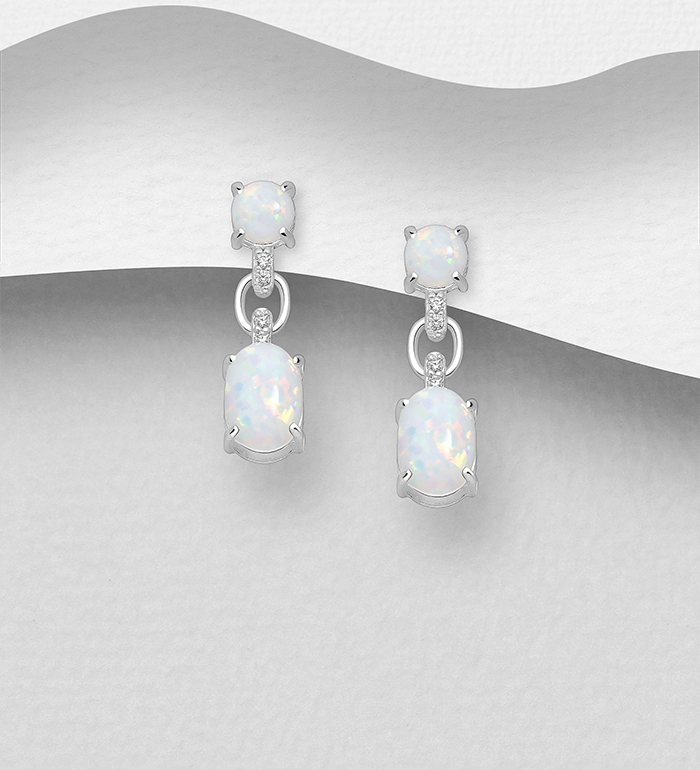 Wholesale 925 Sterling Silver Push-Back Earrings, Decorated with Lab-Created Opal and CZ Simulated Diamonds - SKU #1063-3967
