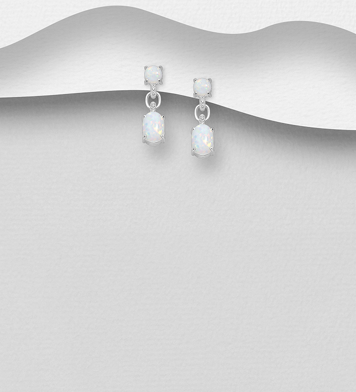 Wholesale 925 Sterling Silver Push-Back Earrings, Decorated with Lab-Created Opal and CZ Simulated Diamonds - SKU #1063-3967