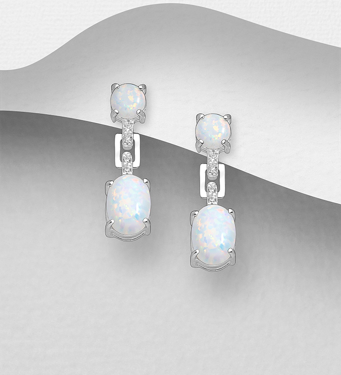 Wholesale 925 Sterling Silver Push-Back Earrings, Decorated with Lab-Created Opal and CZ Simulated Diamonds - SKU #1063-3968