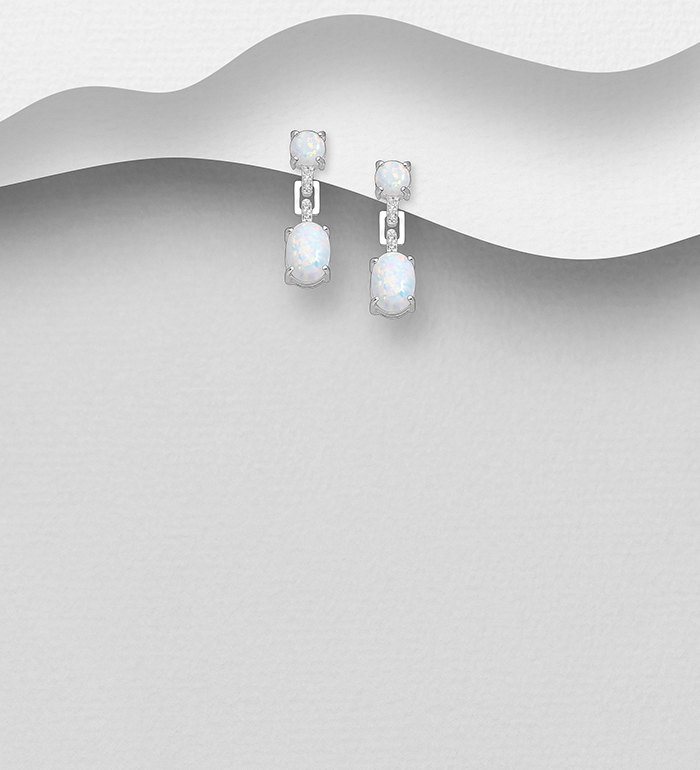 Wholesale 925 Sterling Silver Push-Back Earrings, Decorated with Lab-Created Opal and CZ Simulated Diamonds - SKU #1063-3968