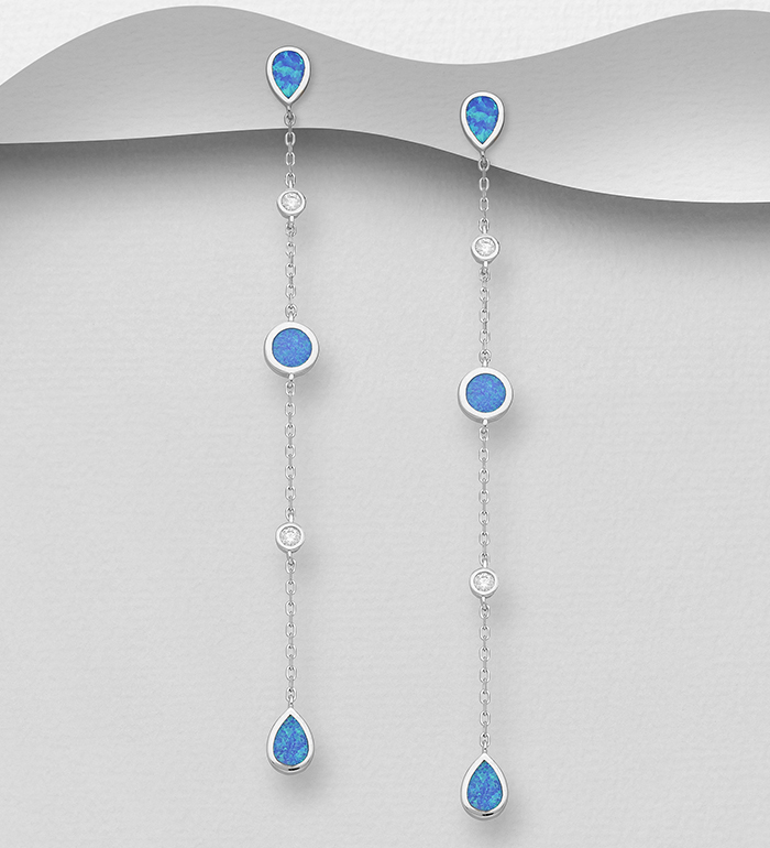 Wholesale 925 Sterling Silver Push-Back Earrings, Featuring Circle and Droplet Design, Decorated with CZ Simulated Diamonds and Lab-Created Opal - SKU #1479-1466