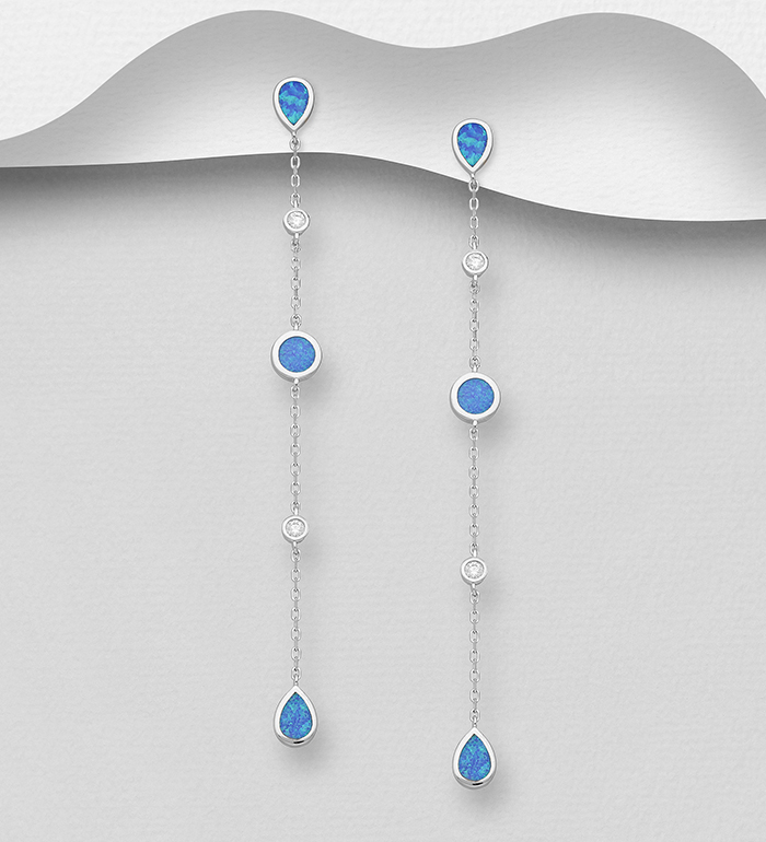 Wholesale 925 Sterling Silver Push-Back Earrings, Featuring Circle and Droplet Design, Decorated with CZ Simulated Diamonds and Lab-Created Opal - SKU #1479-1466