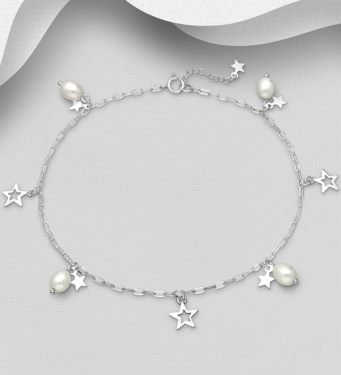 Wholesale 925 Sterling Silver Star Anklet, Beaded with Freshwater Pearls - SKU #1562-469