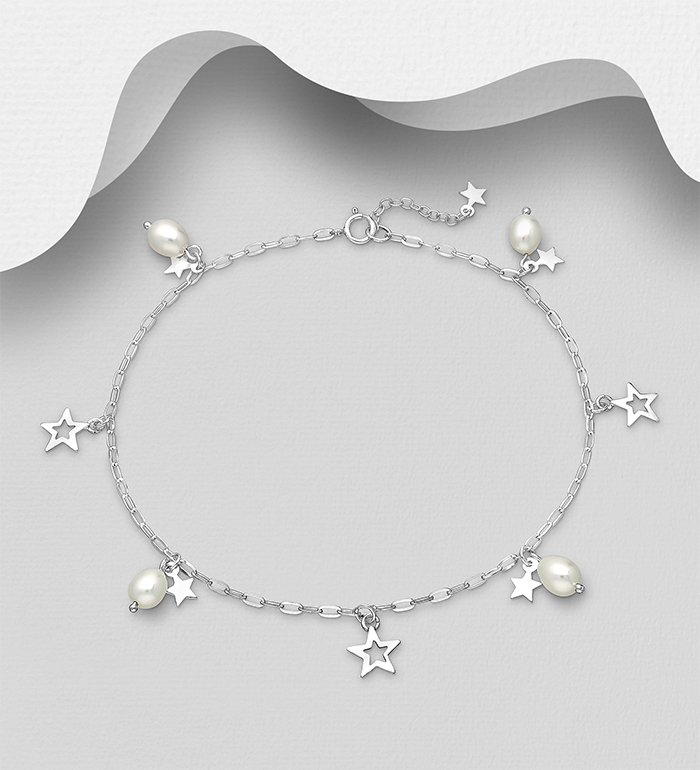 Wholesale 925 Sterling Silver Star Anklet, Beaded with Freshwater Pearls - SKU #1562-469