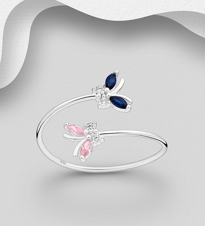 Wholesale 925 Sterling Silver Adjustable Butterfly Ring, Decorated with CZ Simulated Diamonds - SKU #701-27614