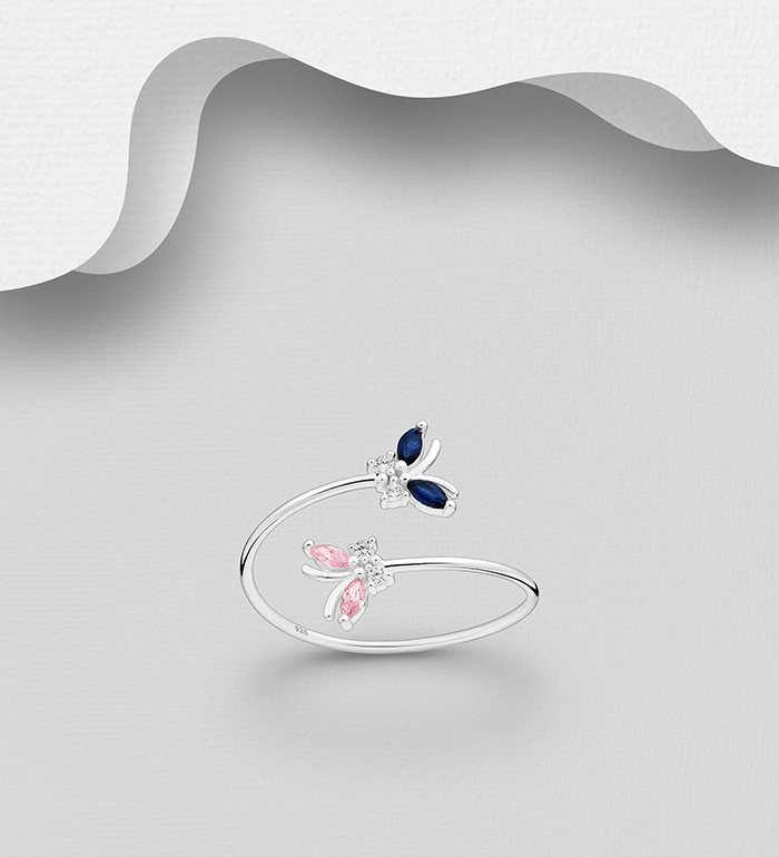 Wholesale 925 Sterling Silver Adjustable Butterfly Ring, Decorated with CZ Simulated Diamonds - SKU #701-27614