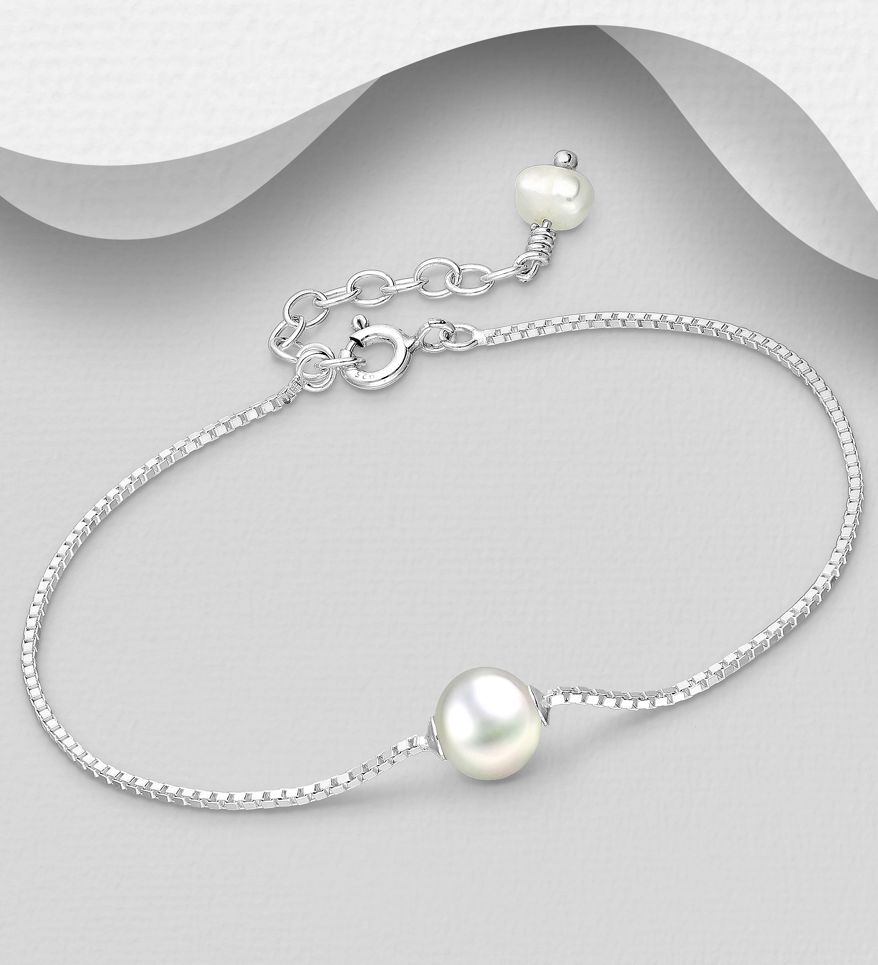 Wholesale 925 Sterling Silver Adjustable Bracelet, Beaded with 6.5 mm Diameter Freshwater Pearl - SKU #382-6013