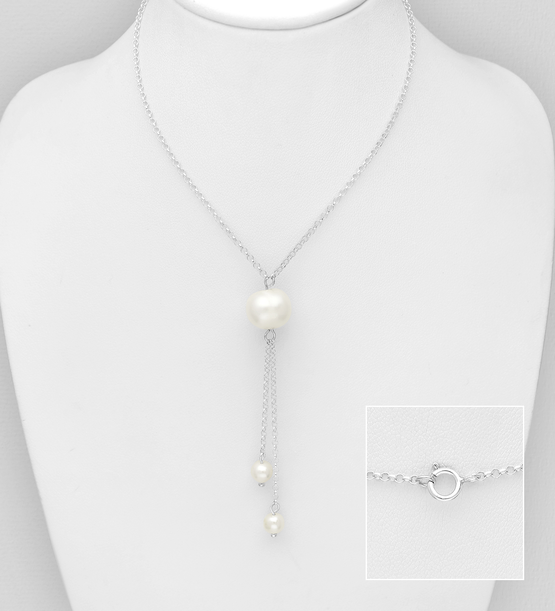 Wholesale 925 Sterling Silver Necklace, Beaded with 10 mm Diameter Freshwater Pearl - SKU #382-6014