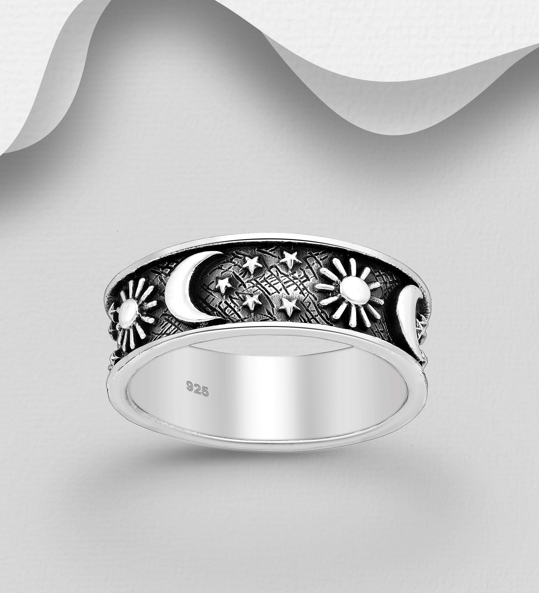 Wholesale 925 Sterling Silver Oxidized Band Ring, Featuring Crescent Moon, Star and Sun, 7 mm Wide - SKU #706-35559