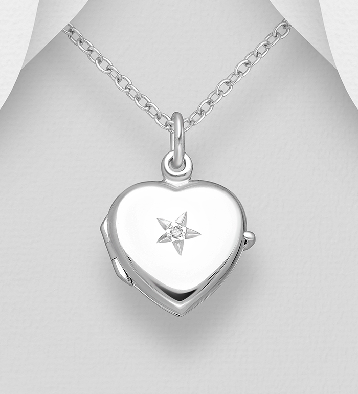 La Preciada - Wholesale 925 Sterling Silver Star Engraved, Heart Locket Pendant, Decorated with White Diamond - SKU #1181-4780