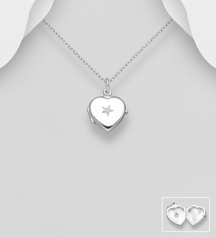 La Preciada - Wholesale 925 Sterling Silver Star Engraved, Heart Locket Pendant, Decorated with White Diamond - SKU #1181-4780