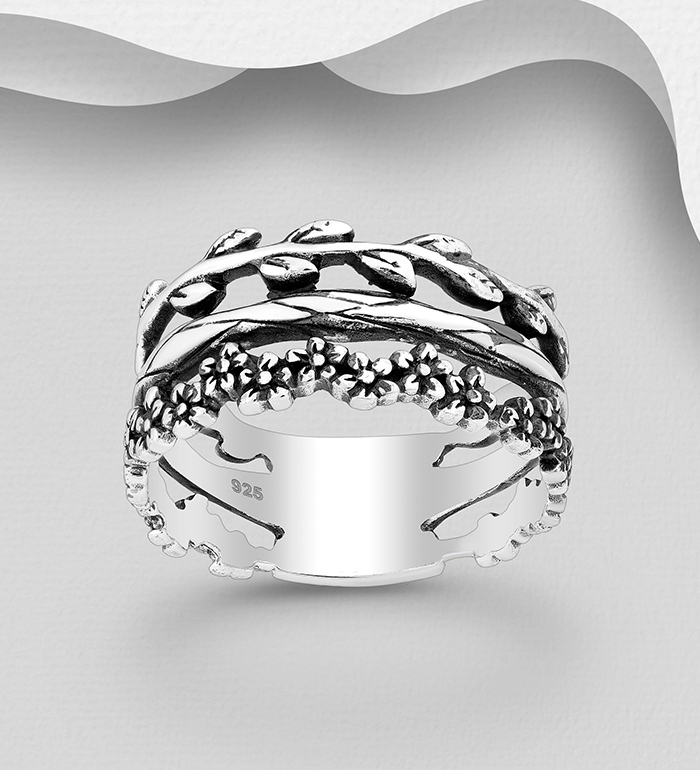 Wholesale 925 Sterling Silver Oxidized Flower Ring, Featuring Branch Design - SKU #706-35591