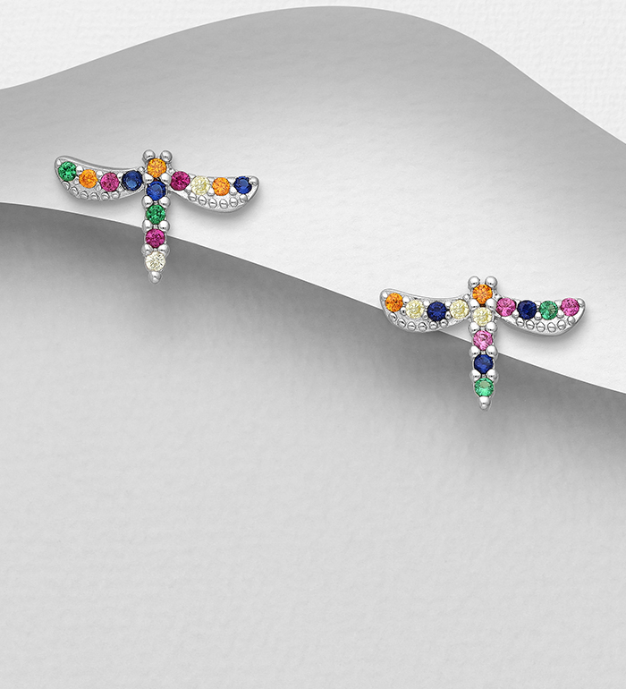 Wholesale 925 Sterling Silver Dragonfly Push-Back Earrings, Decorated with CZ Simulated Diamonds - SKU #701-27633