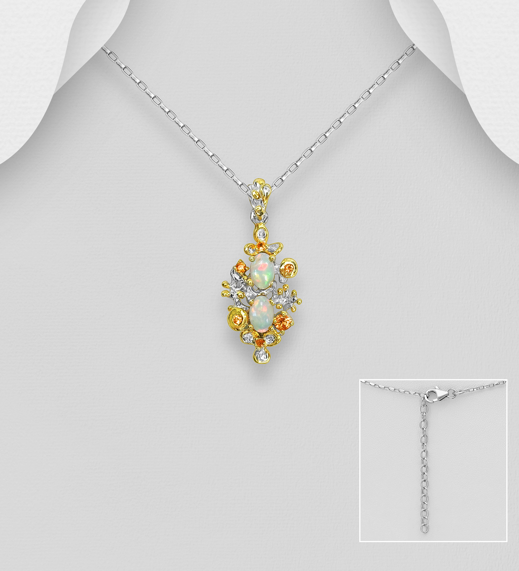 ADIORE JEWELS - Wholesale 925 Sterling Silver Necklace, Decorated with Ethiopian Opal, Orange and Yellow Sapphires, Plated with 3 Micron 22K Yellow Gold - SKU #1916-486