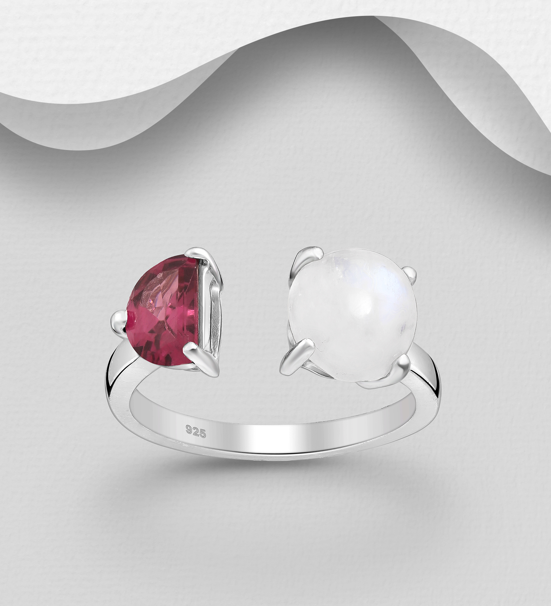 La Preciada - Wholesale 925 Sterling Silver Adjustable Ring, Decorated with Rainbow Moonstone and Rhodolite - SKU #1181-4788