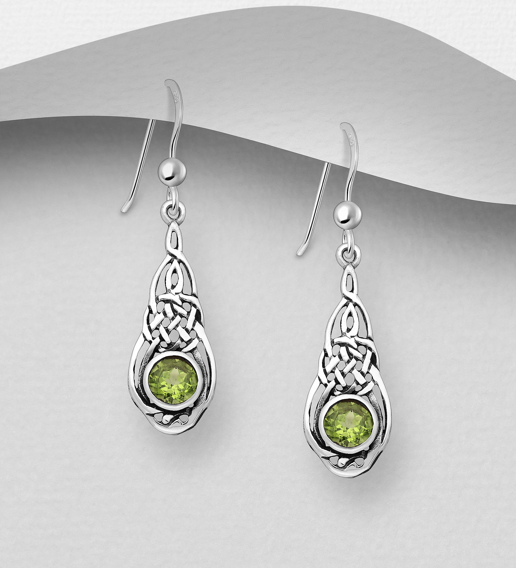 Wholesale 925 Sterling Silver Oxidized Celtic Hook Earrings, Decorated with Peridot - SKU #883-8455