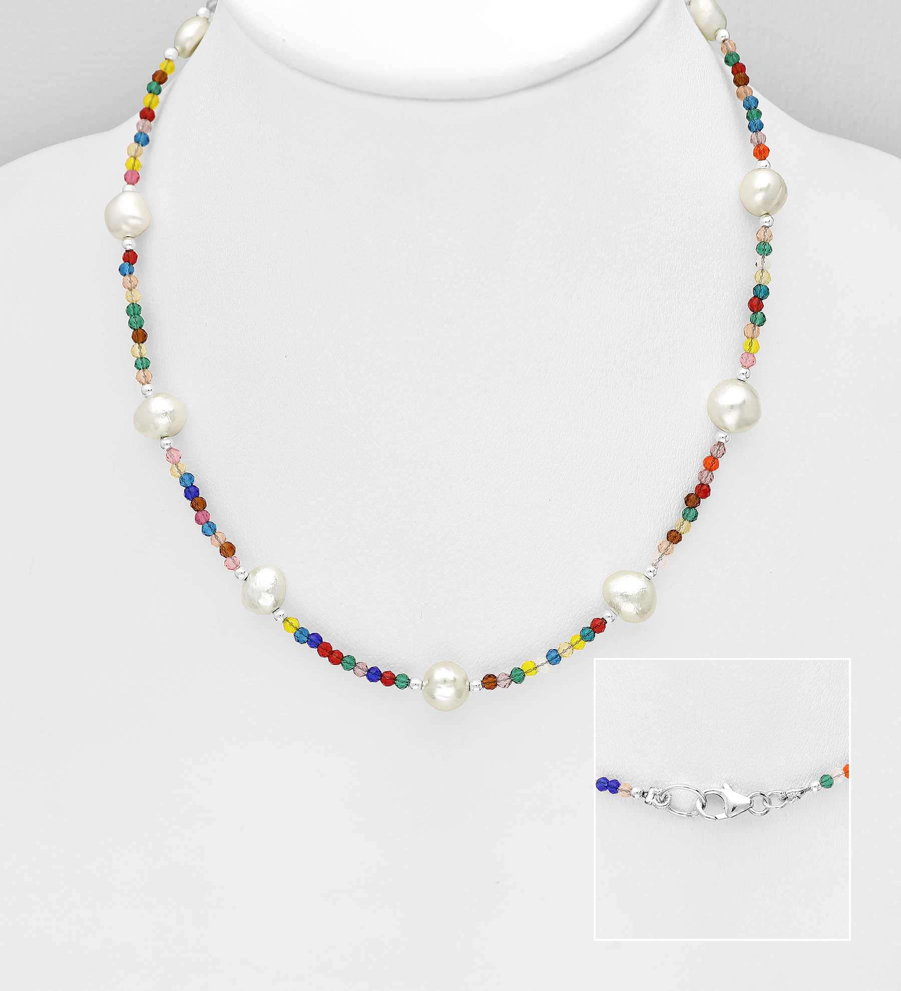 Wholesale 925 Sterling Silver Beaded Necklace, Beaded with Crystal Glass and Freshwater Pearls - SKU #382-6029